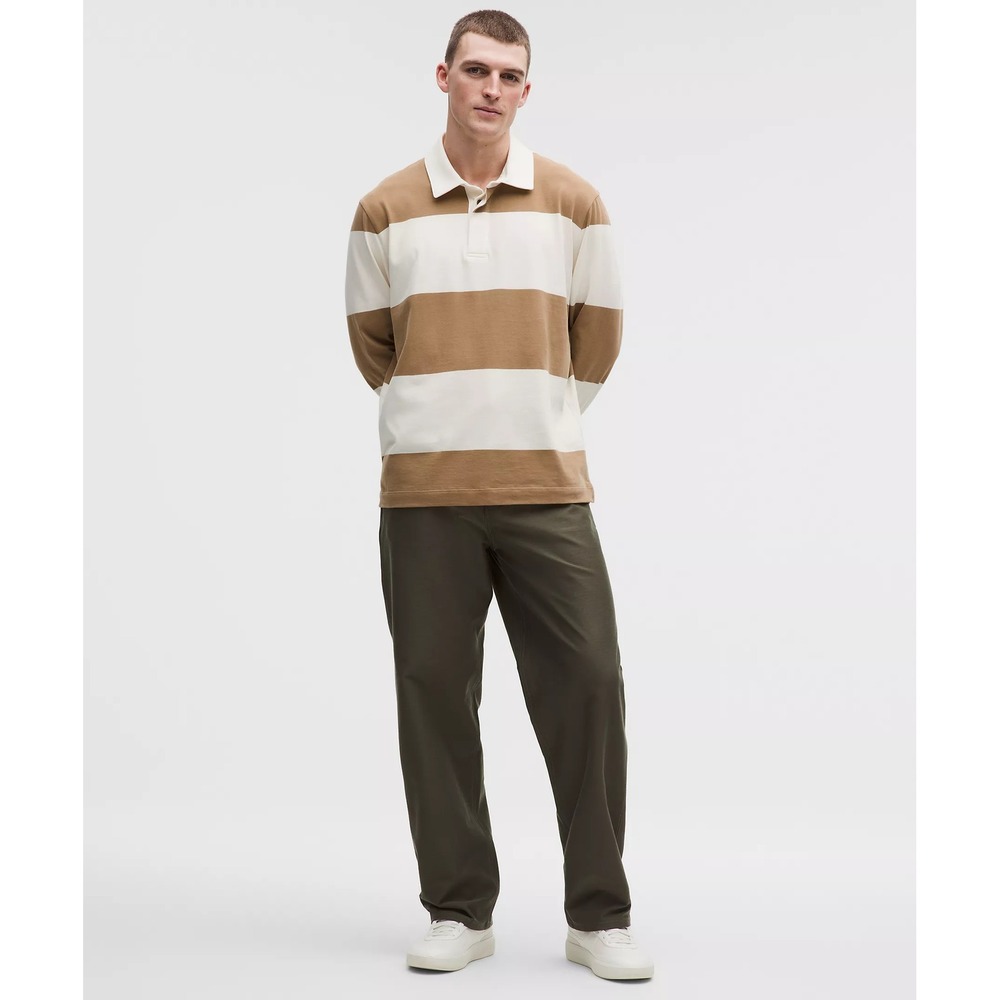 Lululemon-Long-Sleeve Cotton Rugby Shirt-Wide Stripe Camel Brown Coconut Ivory - Picture 2 of 9